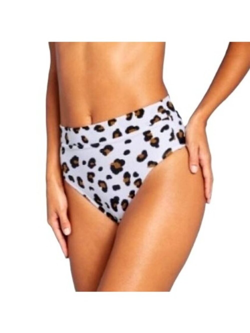 Juniors Ribbed White Leopard Animal Print High Leg High Waist Bikini Bottom XS